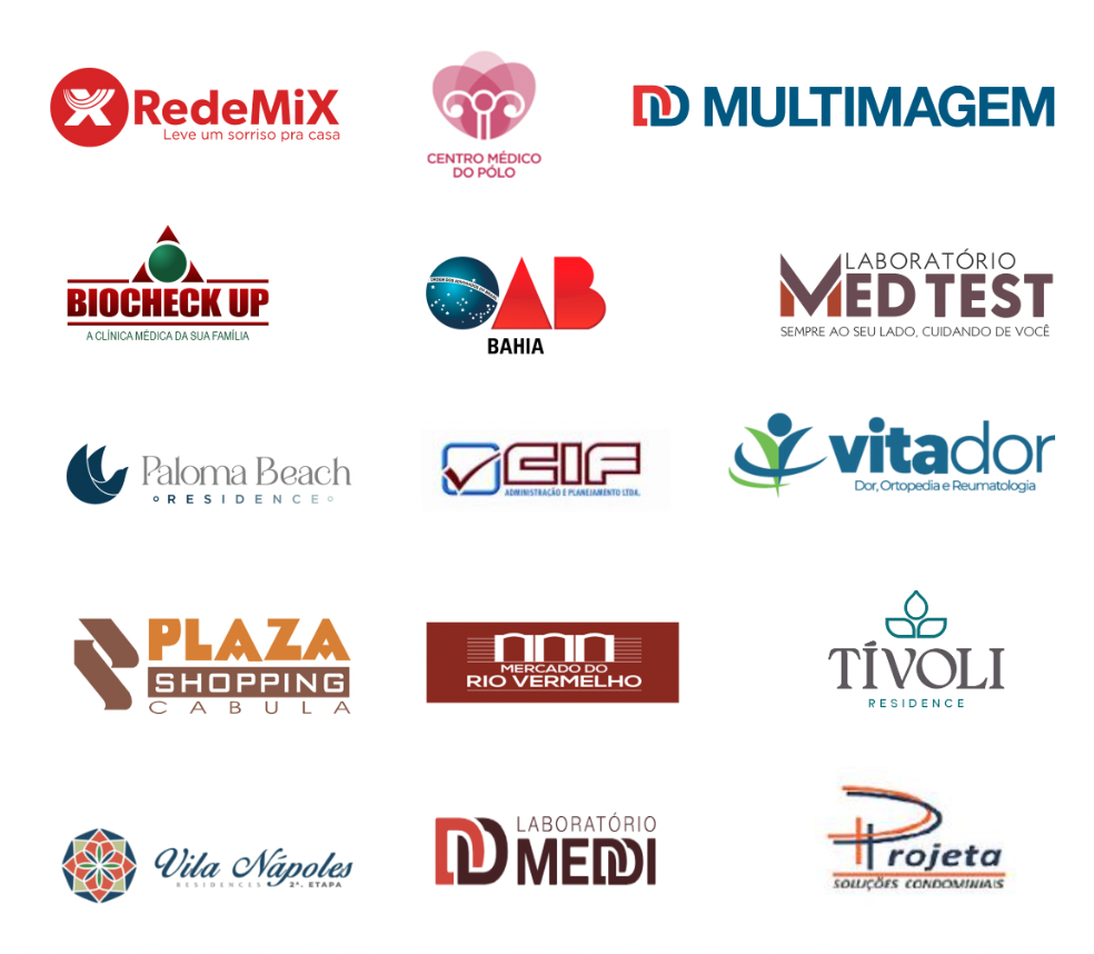 Logotipos de clientes atendidos pela Bahia Service, incluindo RedeMiX, Centro Médico do Pólo, Multimagem, BioCheck Up, OAB Bahia, Med Test, Paloma Beach, CIF, Vitador, Plaza Shopping Cabula, Mercado do Rio Vermelho, Tívoli Residence, Vila Nápoles, Laboratório Medi e Projeta.